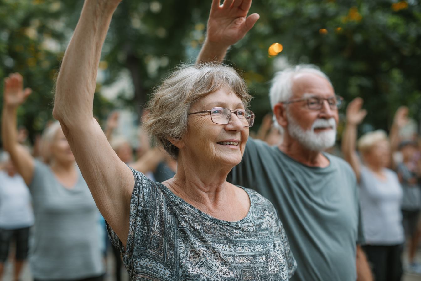 Група людей середнього віку виконує вправи йоги на природі